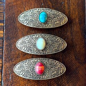 Jeweled French Barrette Set – Simulated Gemstone Inlay: Turquoise, Coral & Opal